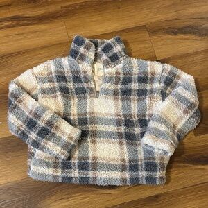 Thread & Supply Plush Half-Zip Puffer Jacket in Cream, Gray & Brown Plaid